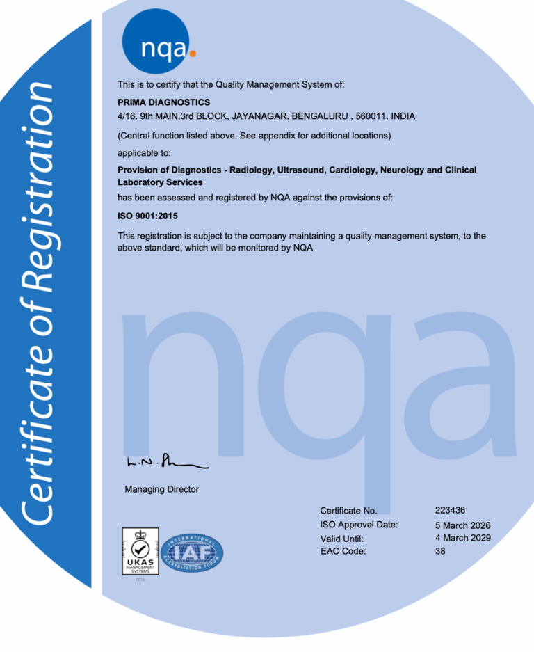 ISO 9001:2015 certificate of registration issued to Prima Diagnostics by NQA