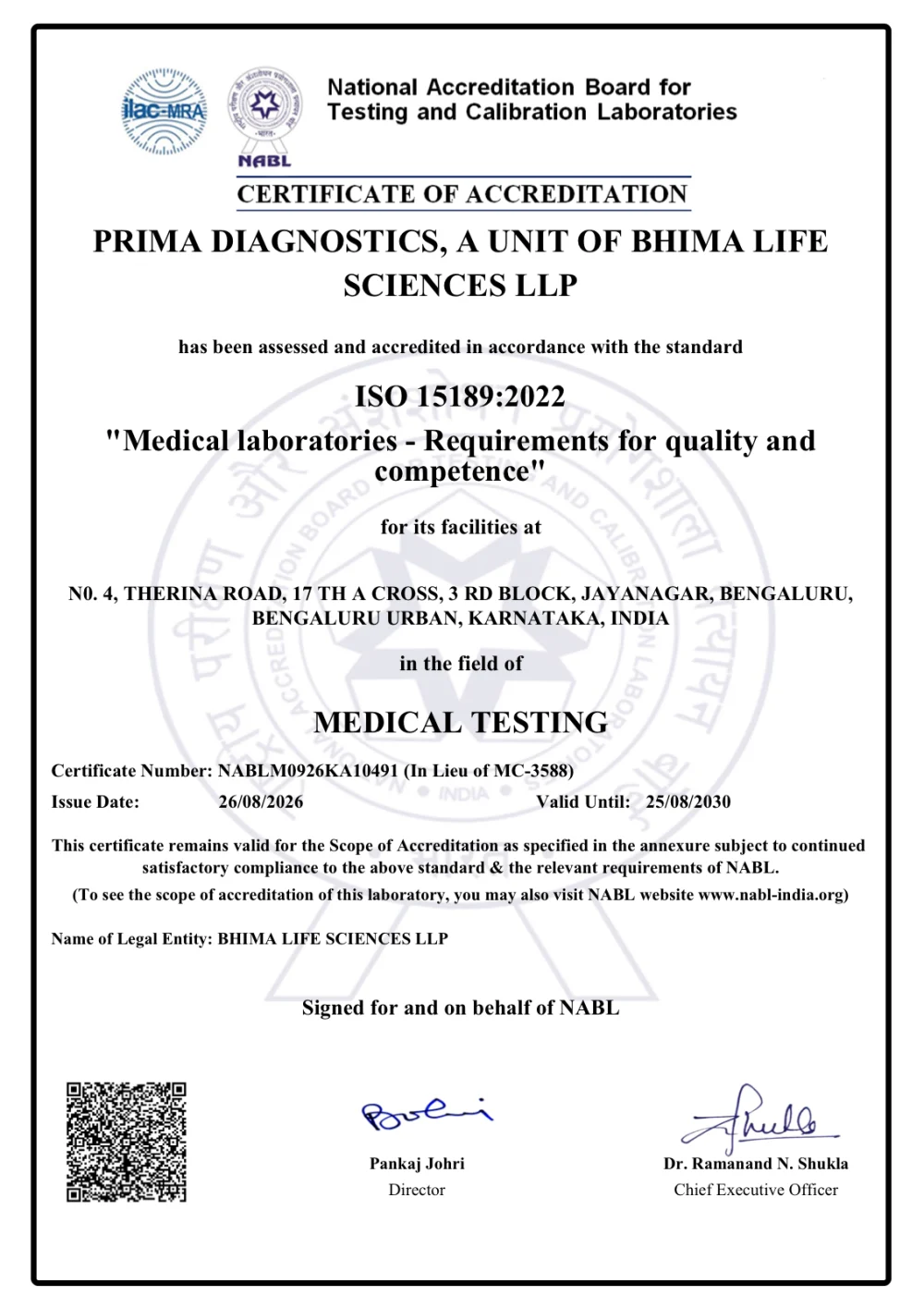 NABL certificate of accreditation for Prima Diagnostics, ISO 15189:2022 medical testing